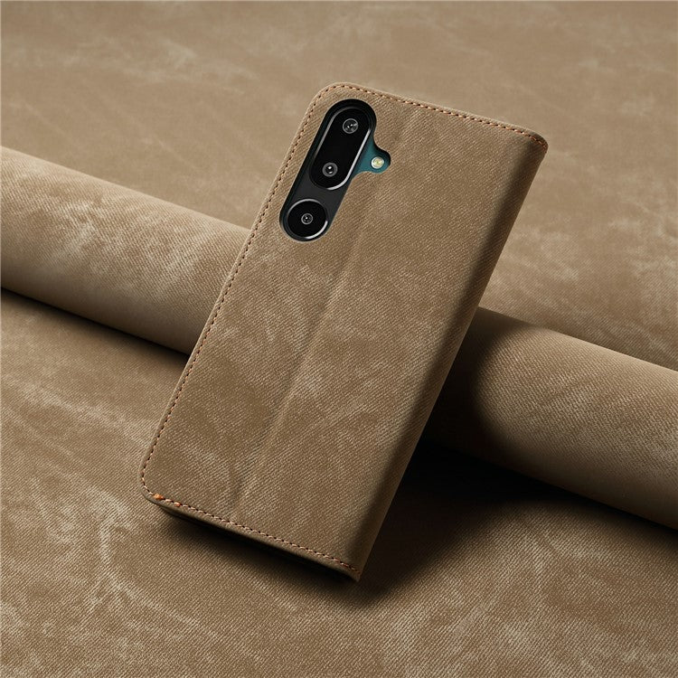 For Samsung Galaxy M16 5G / F16 5G Case Jeans Cloth Texture Anti-Scratch Leather Stand Phone Cover - Khaki
