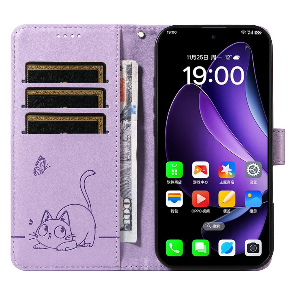 For Oppo Reno13 5G (Global) Wallet Case with Wrist Strap Cat Pattern Imprint Leather Phone Cover - Light Purple