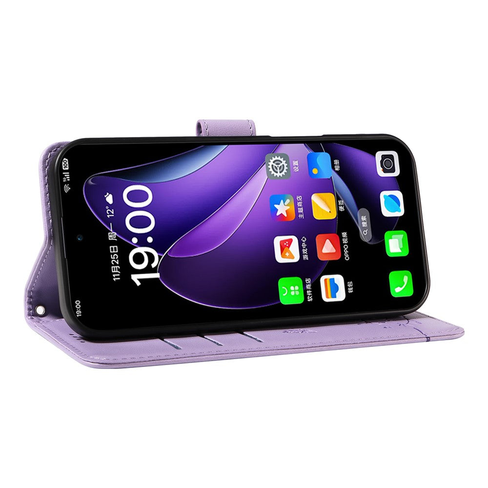 For Oppo Reno13 5G (Global) Wallet Case with Wrist Strap Cat Pattern Imprint Leather Phone Cover - Light Purple