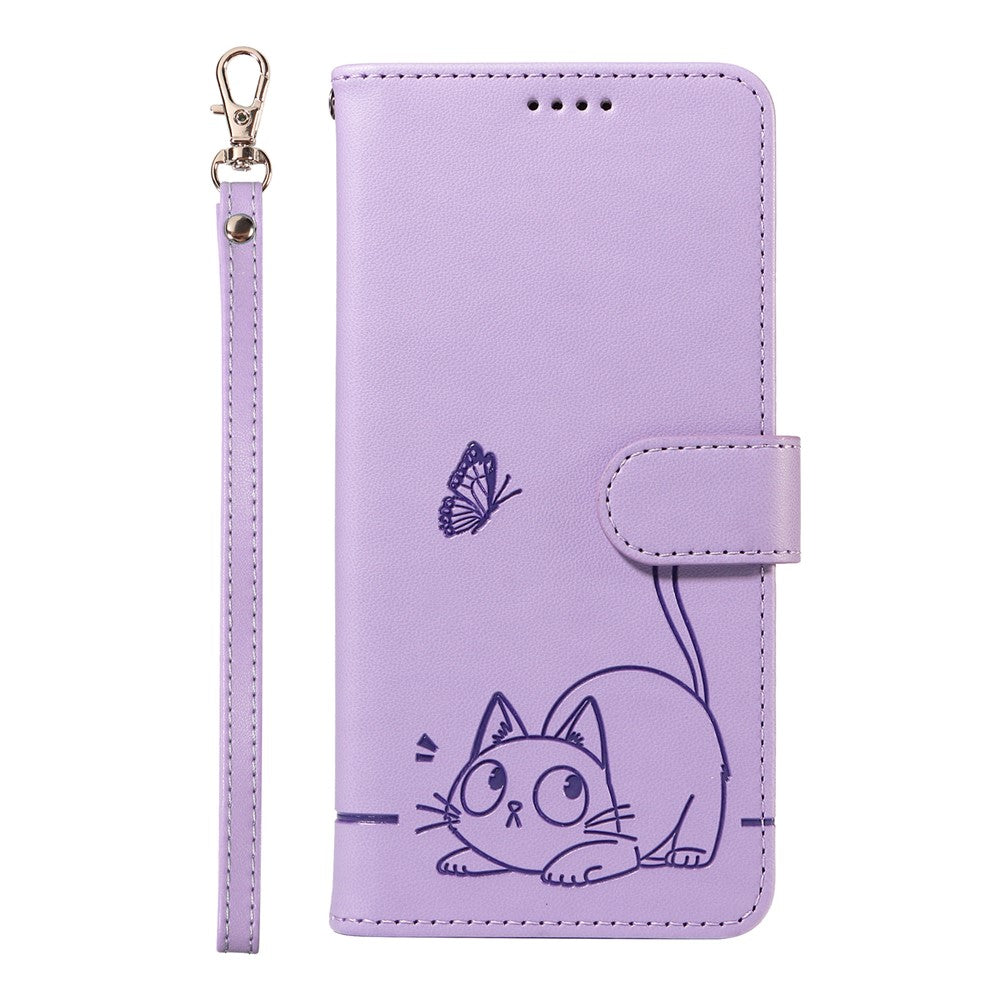 For Oppo Reno13 5G (Global) Wallet Case with Wrist Strap Cat Pattern Imprint Leather Phone Cover - Light Purple