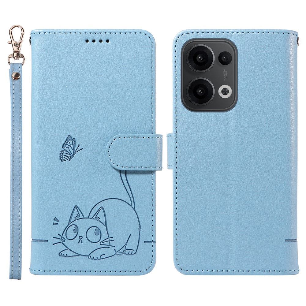 For Oppo Reno13 5G (Global) Wallet Case with Wrist Strap Cat Pattern Imprint Leather Phone Cover - Sky Blue