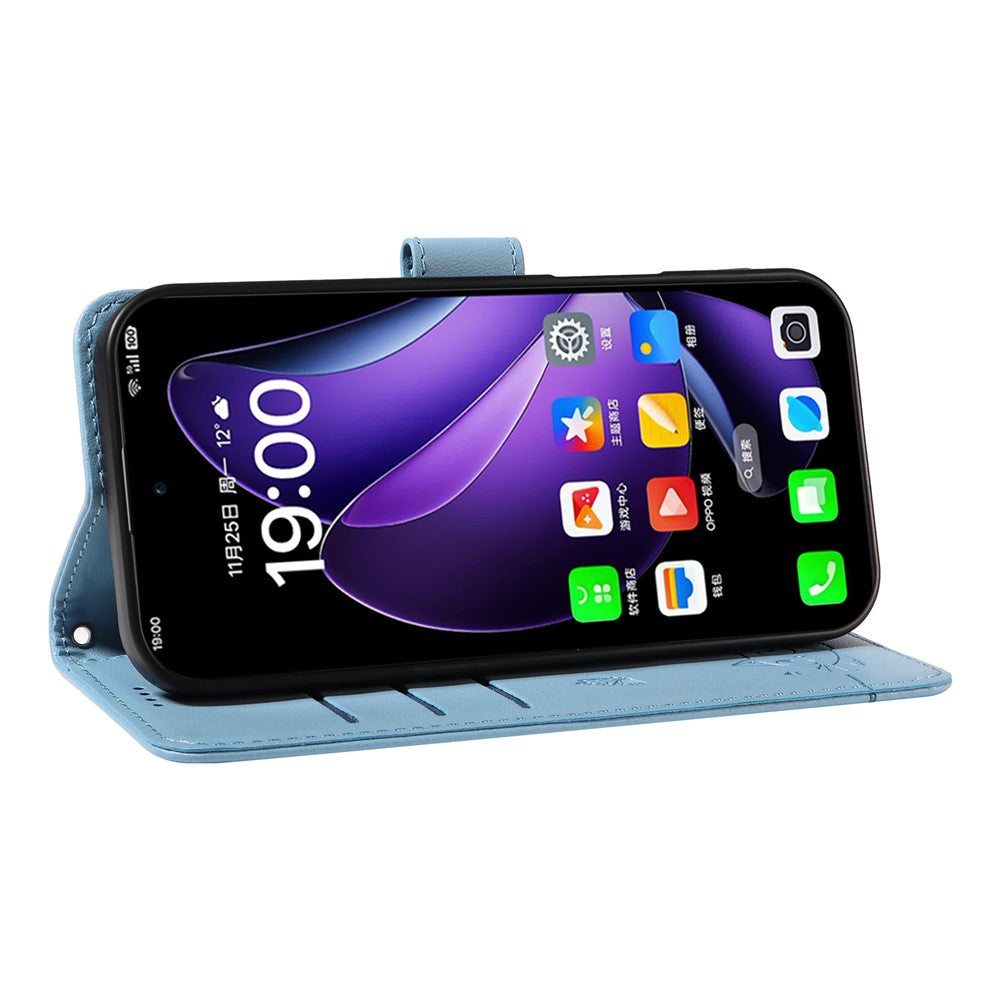 For Oppo Reno13 5G (Global) Wallet Case with Wrist Strap Cat Pattern Imprint Leather Phone Cover - Sky Blue