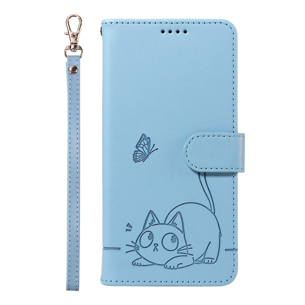 For Oppo Reno13 5G (Global) Wallet Case with Wrist Strap Cat Pattern Imprint Leather Phone Cover - Sky Blue