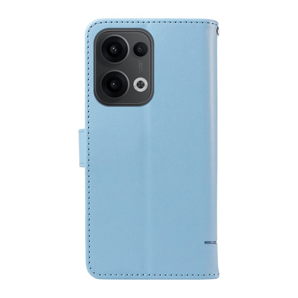 For Oppo Reno13 5G (Global) Wallet Case with Wrist Strap Cat Pattern Imprint Leather Phone Cover - Sky Blue