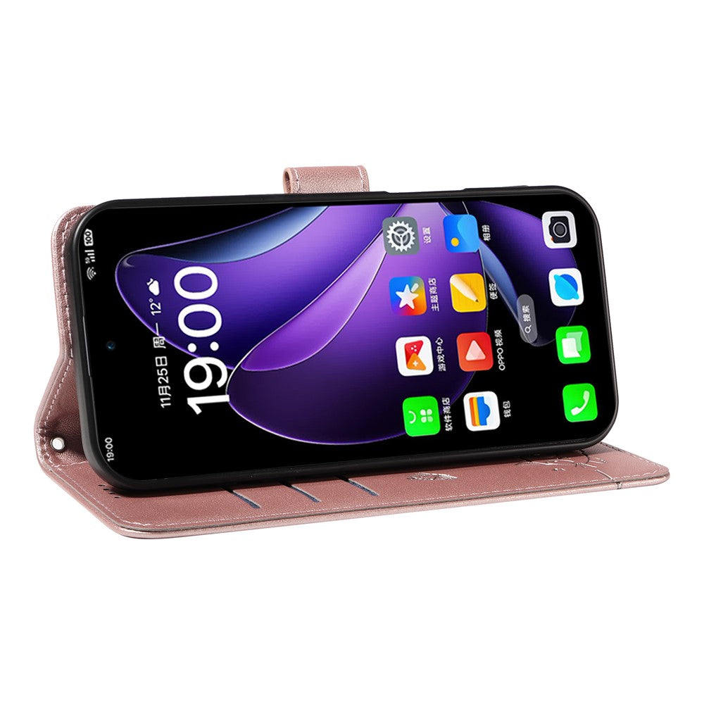 For Oppo Reno13 5G (Global) Wallet Case with Wrist Strap Cat Pattern Imprint Leather Phone Cover - Rose Gold