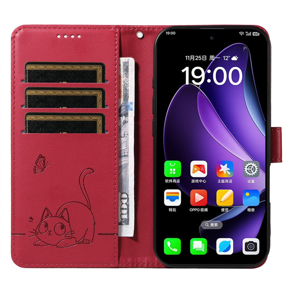 For Oppo Reno13 5G (Global) Wallet Case with Wrist Strap Cat Pattern Imprint Leather Phone Cover - Red