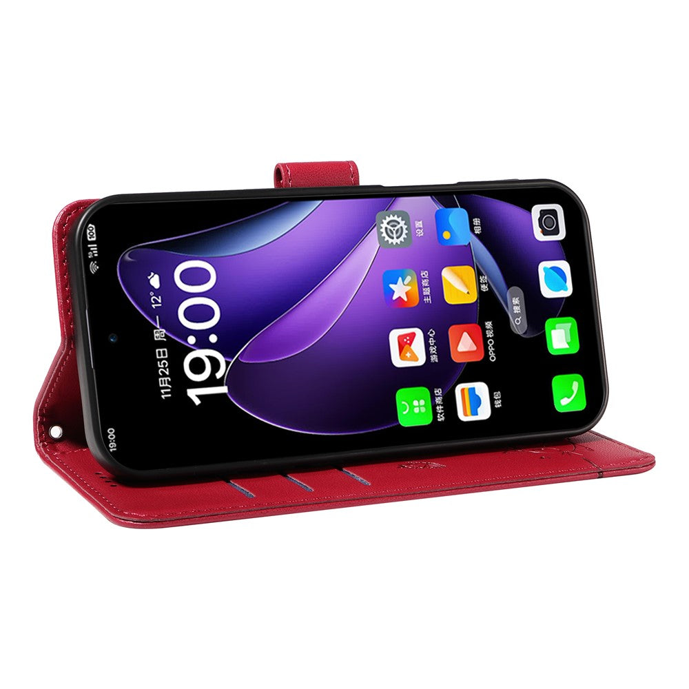 For Oppo Reno13 5G (Global) Wallet Case with Wrist Strap Cat Pattern Imprint Leather Phone Cover - Red