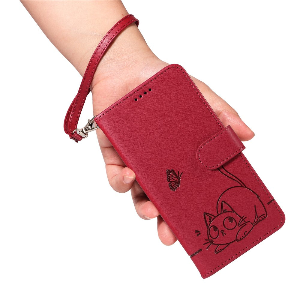 For Oppo Reno13 5G (Global) Wallet Case with Wrist Strap Cat Pattern Imprint Leather Phone Cover - Red