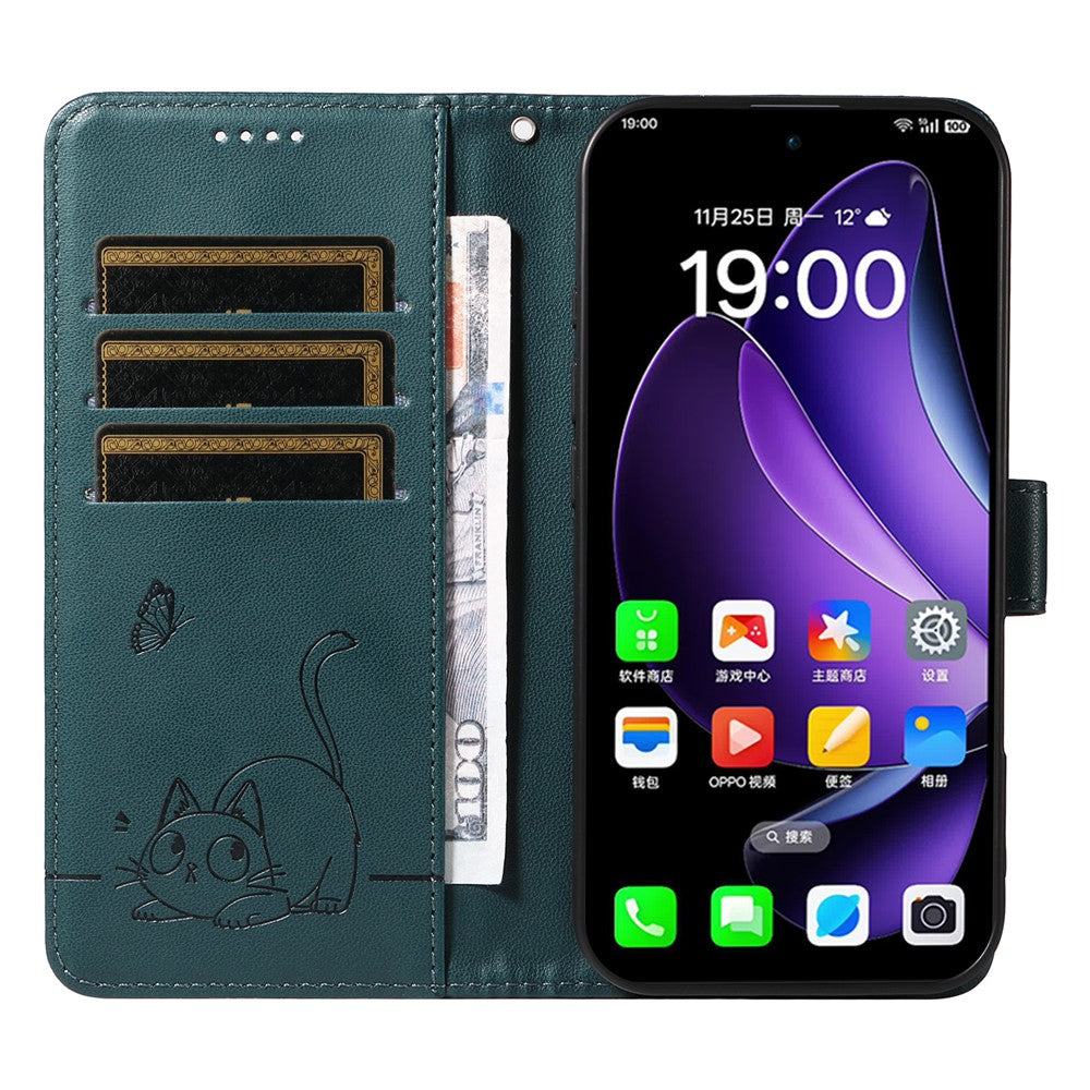 For Oppo Reno13 5G (Global) Wallet Case with Wrist Strap Cat Pattern Imprint Leather Phone Cover - Blue