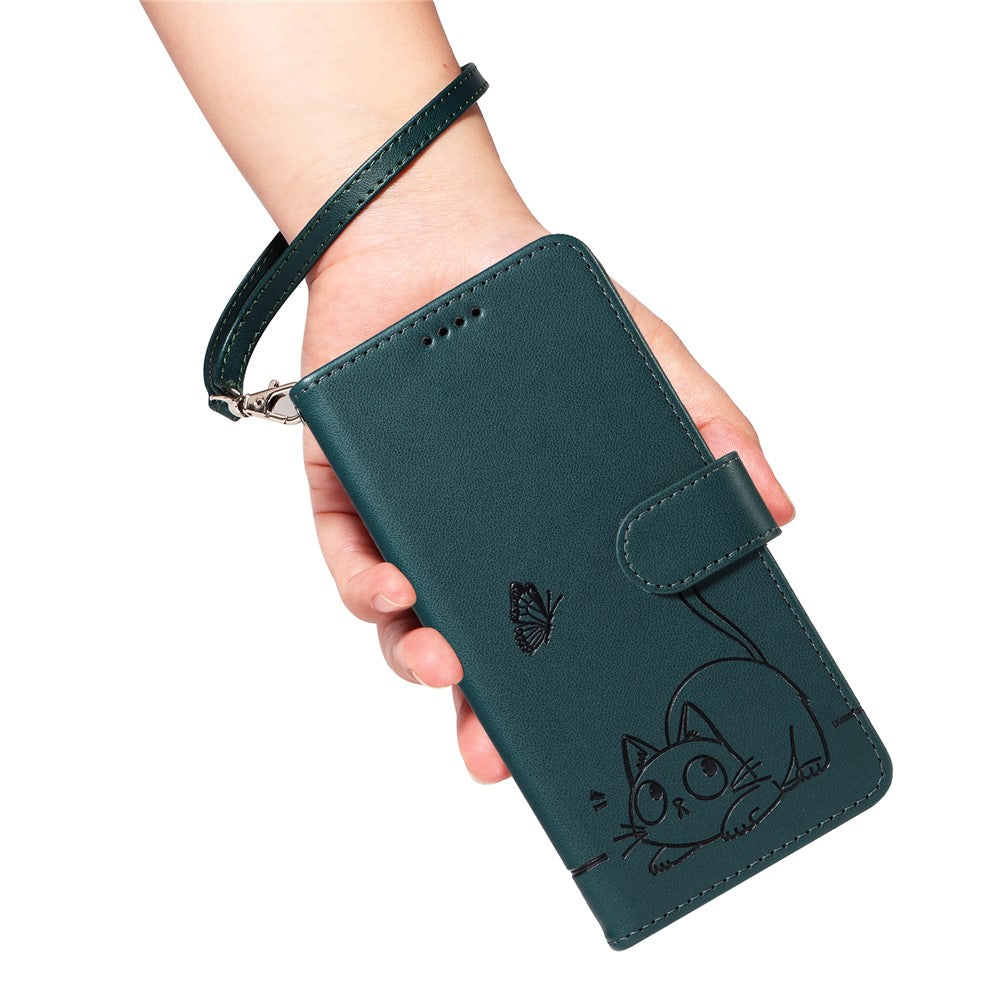 For Oppo Reno13 5G (Global) Wallet Case with Wrist Strap Cat Pattern Imprint Leather Phone Cover - Blue