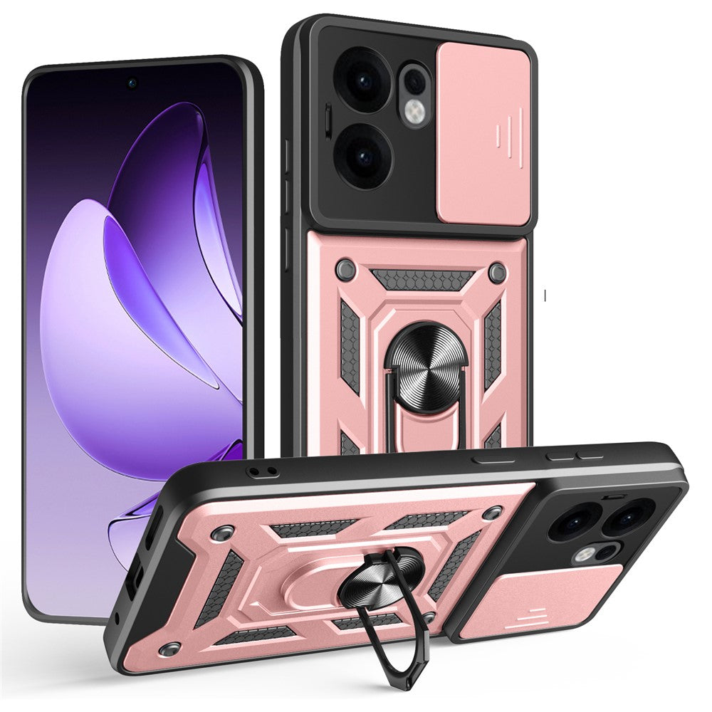 For Oppo Reno13 F 5G Case with Slide Camera Lid PC + TPU Kickstand Phone Cover - Rose Gold