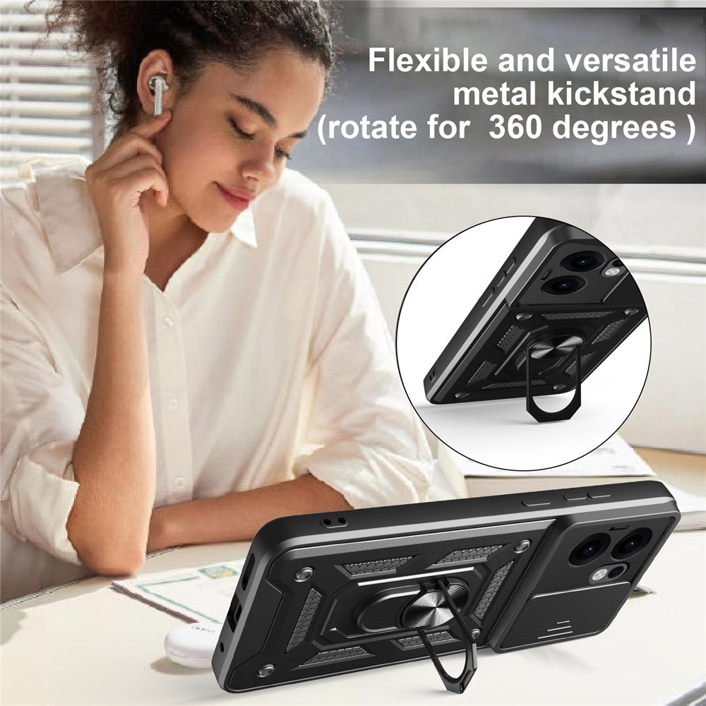 For Oppo Reno13 F 5G Case with Slide Camera Lid PC + TPU Kickstand Phone Cover - Black