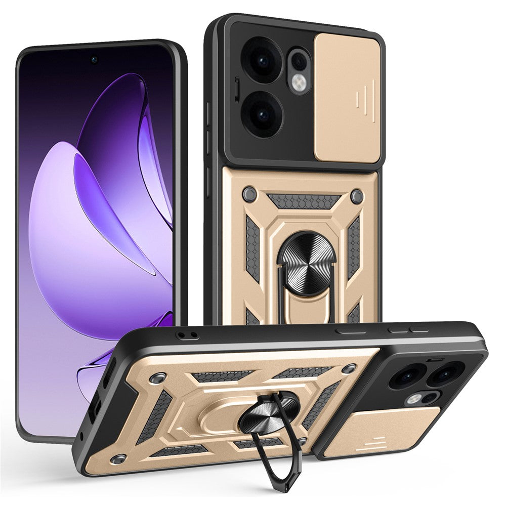 For Oppo Reno13 F 5G Case with Slide Camera Lid PC + TPU Kickstand Phone Cover - Gold