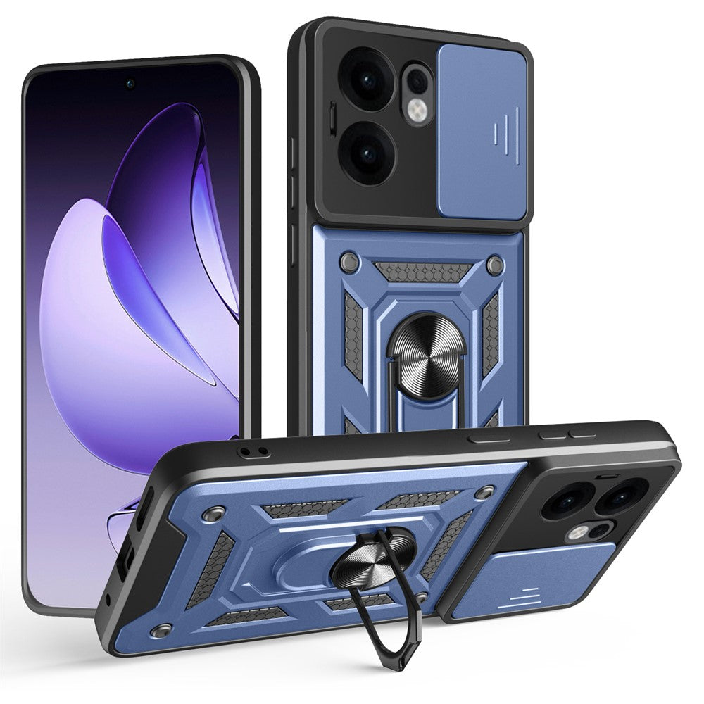 For Oppo Reno13 F 5G Case with Slide Camera Lid PC + TPU Kickstand Phone Cover - Blue