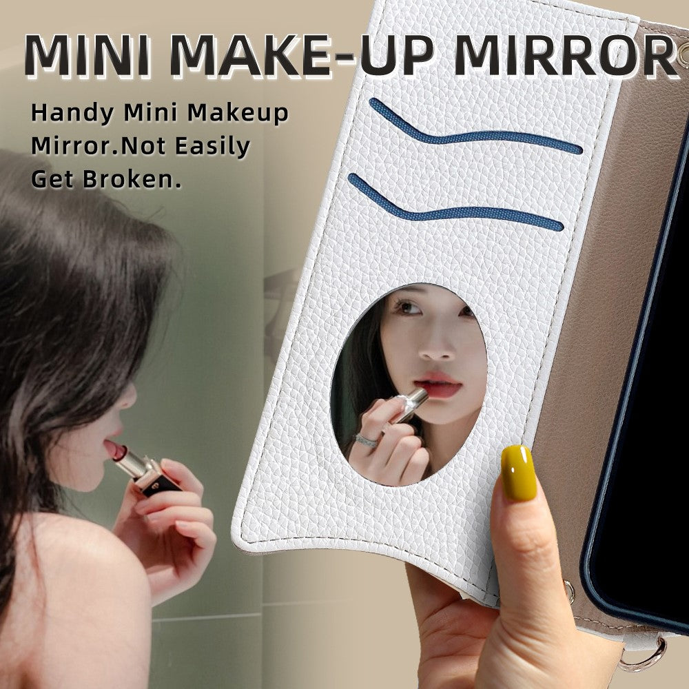 For Oppo Reno13 F 5G / Reno13 F 4G Wallet Case Fishtail Design Leather Phone Cover with Mirror / Stand / Strap - White