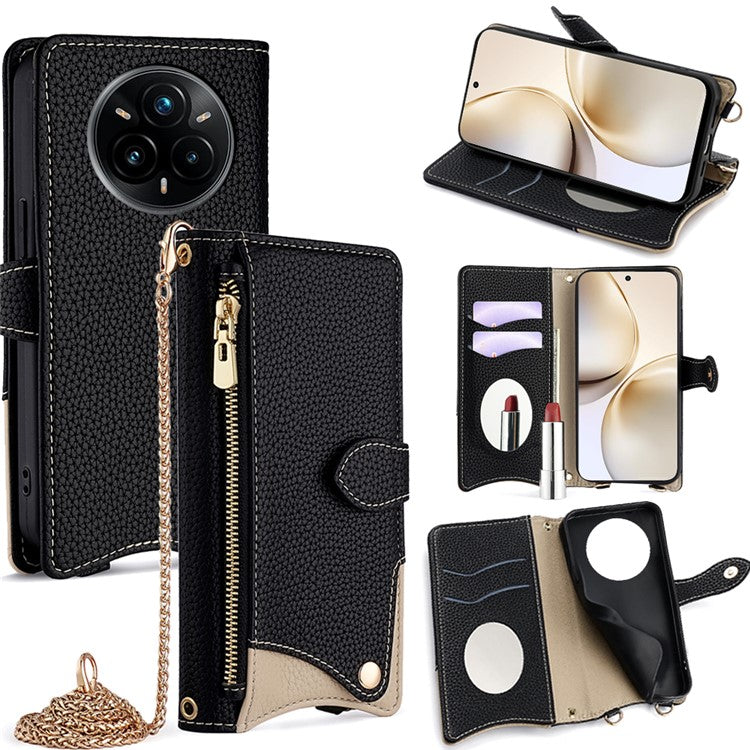 For Realme 14 Pro+ 5G Wallet Case Fishtail Design Leather Phone Cover with Mirror / Stand / Strap - Black