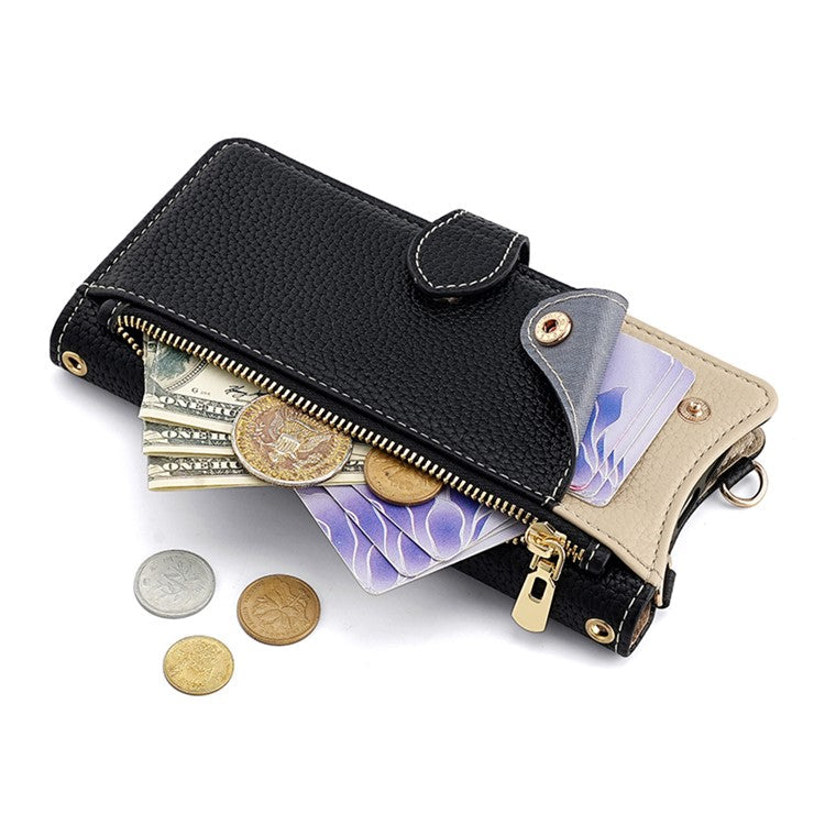 For Realme 14 Pro+ 5G Wallet Case Fishtail Design Leather Phone Cover with Mirror / Stand / Strap - Black