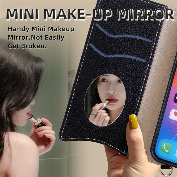 For Realme 14 Pro+ 5G Wallet Case Fishtail Design Leather Phone Cover with Mirror / Stand / Strap - Black