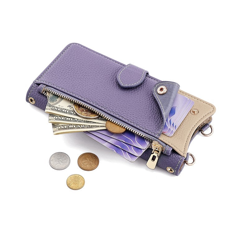 For Realme 14 Pro+ 5G Wallet Case Fishtail Design Leather Phone Cover with Mirror / Stand / Strap - Purple