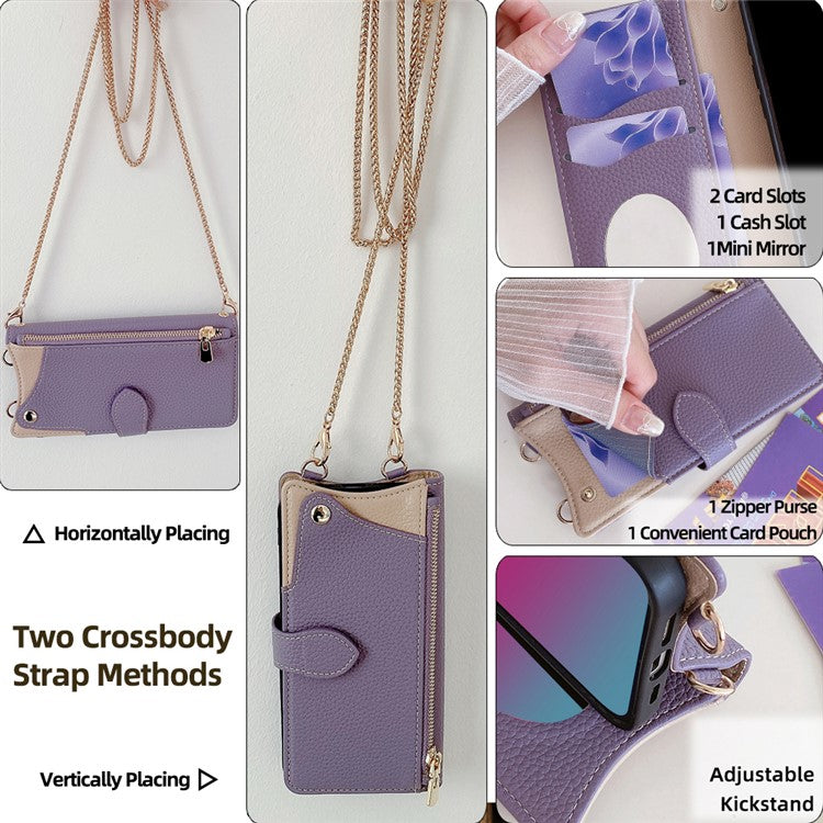 For Realme 14 Pro+ 5G Wallet Case Fishtail Design Leather Phone Cover with Mirror / Stand / Strap - Purple