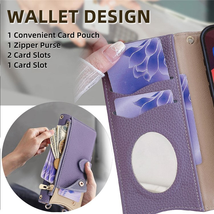 For Realme 14 Pro+ 5G Wallet Case Fishtail Design Leather Phone Cover with Mirror / Stand / Strap - Purple