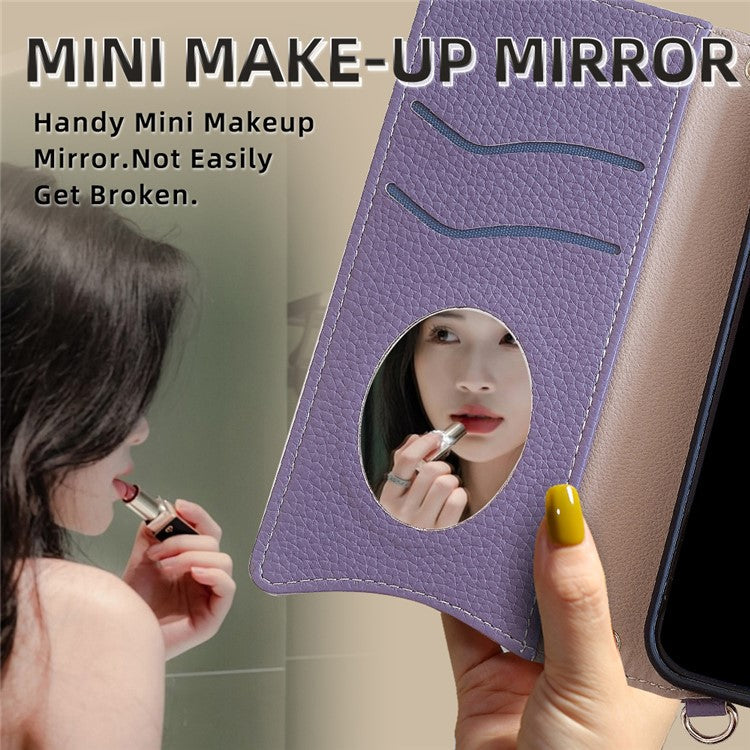 For Realme 14 Pro+ 5G Wallet Case Fishtail Design Leather Phone Cover with Mirror / Stand / Strap - Purple