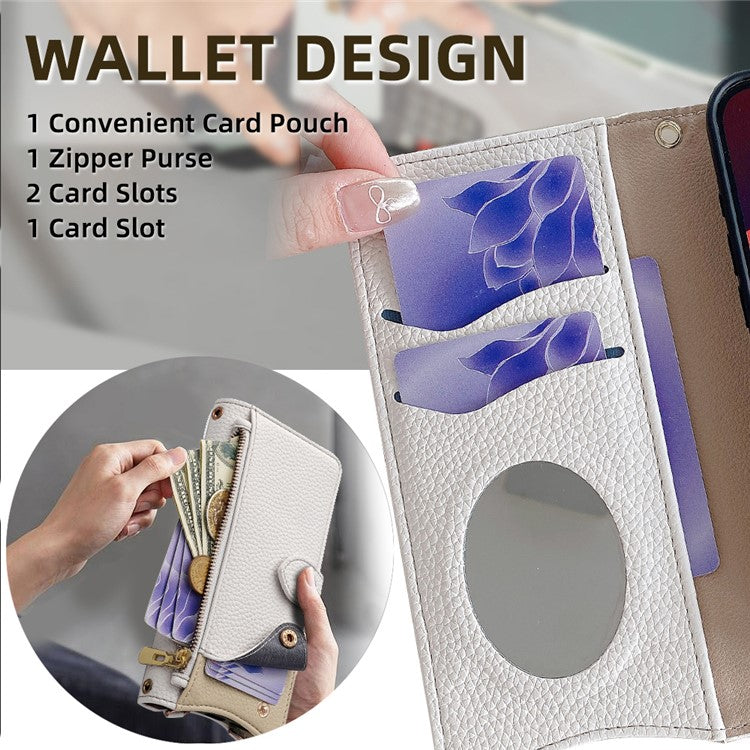 For Realme 14 Pro 5G Wallet Case Fishtail Design Leather Phone Cover with Mirror / Stand / Strap - White