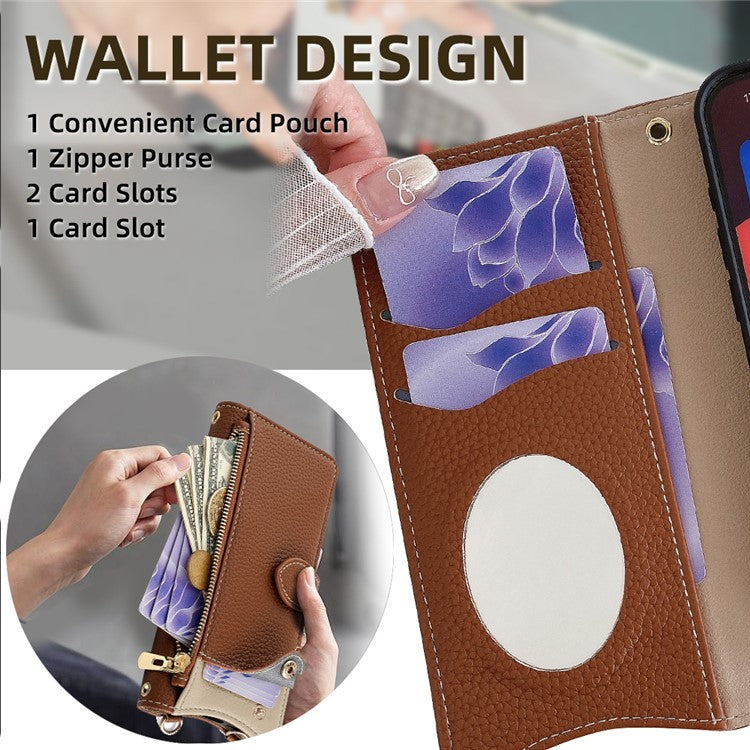 For Realme C75 / 14x 5G Wallet Case Fishtail Design Leather Phone Cover with Mirror / Stand / Strap - Brown