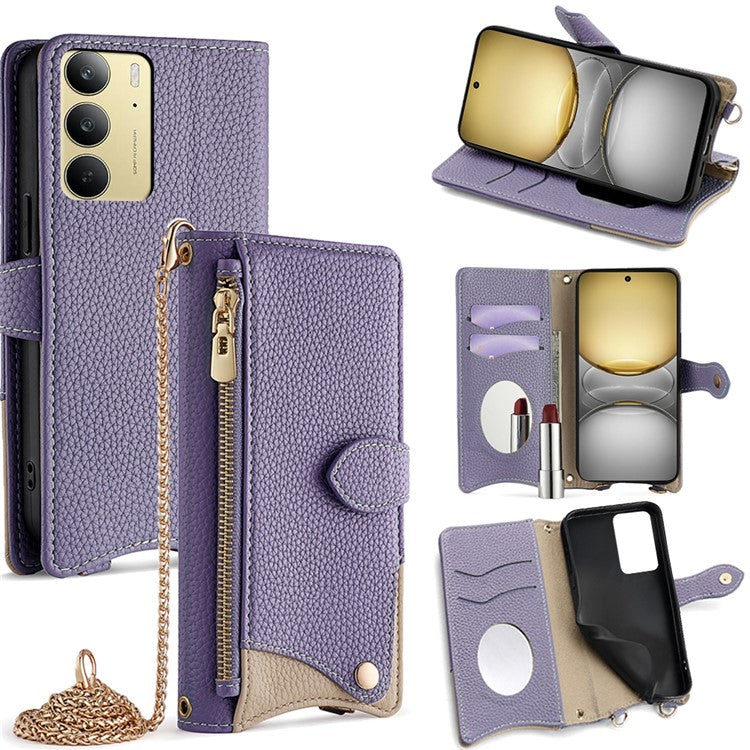 For Realme C75 / 14x 5G Wallet Case Fishtail Design Leather Phone Cover with Mirror / Stand / Strap - Purple