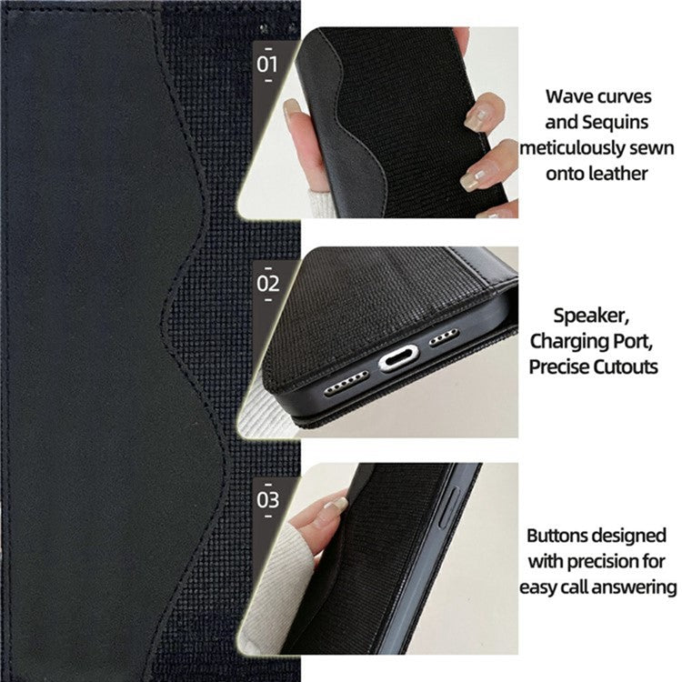 For Realme 14 Pro 5G Wallet Case Wave Shape RFID Blocking PU Leather Stand Phone Cover - Black