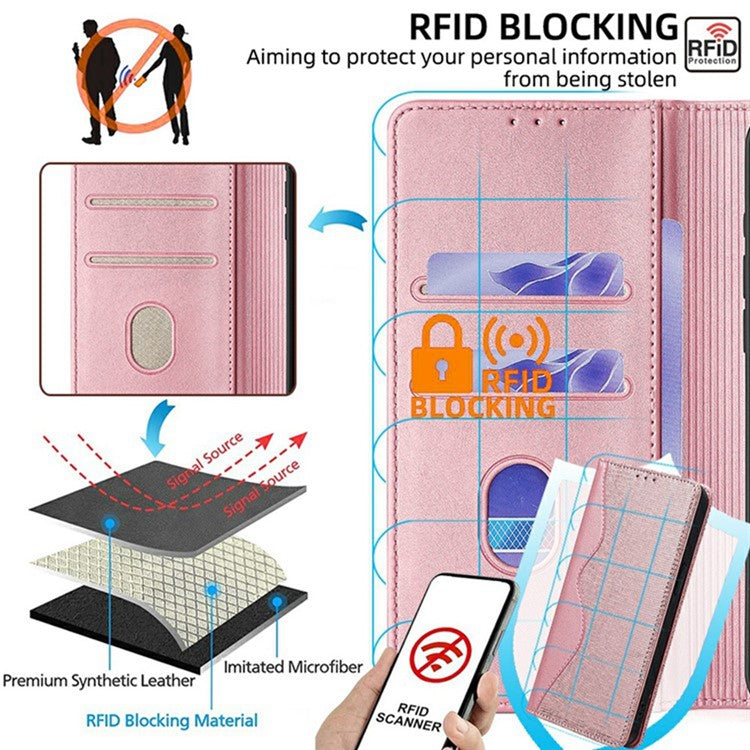 For Realme 14 Pro 5G Wallet Case Wave Shape RFID Blocking PU Leather Stand Phone Cover - Rose Gold