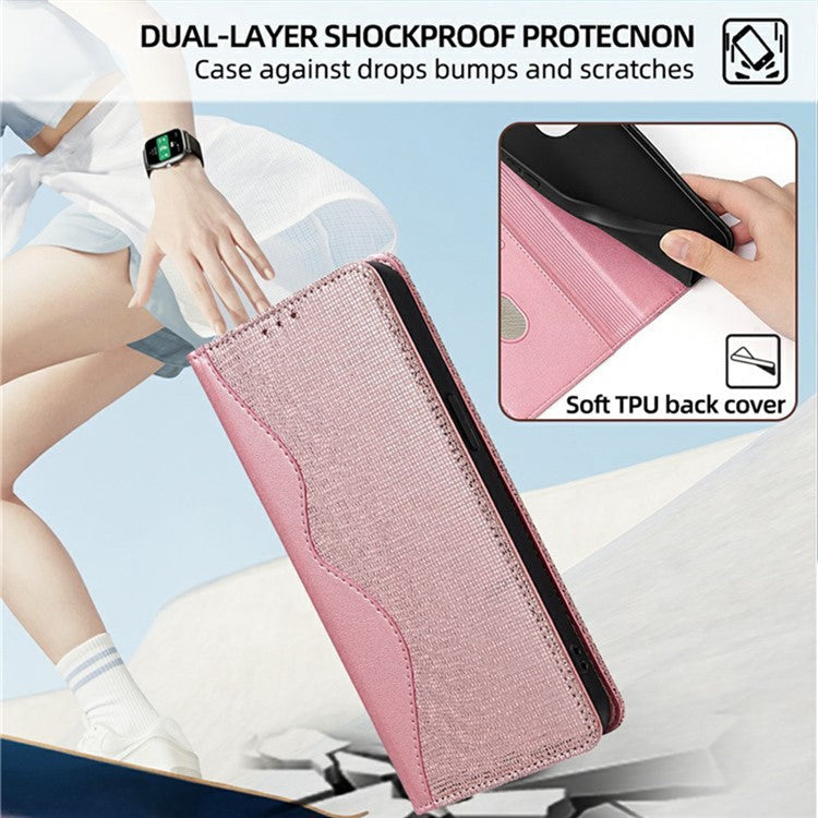 For Realme 14 Pro 5G Wallet Case Wave Shape RFID Blocking PU Leather Stand Phone Cover - Rose Gold