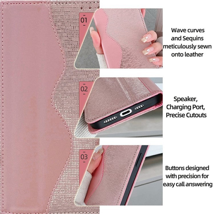 For Realme 14 Pro 5G Wallet Case Wave Shape RFID Blocking PU Leather Stand Phone Cover - Rose Gold