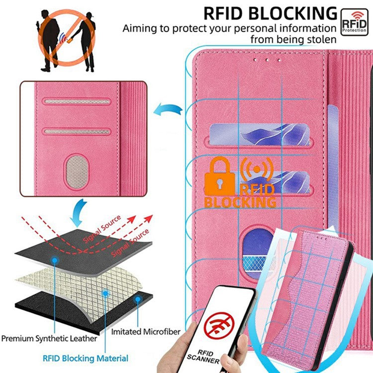 For Realme 14 Pro+ 5G Wallet Case Wave Shape RFID Blocking PU Leather Stand Phone Cover - Pink