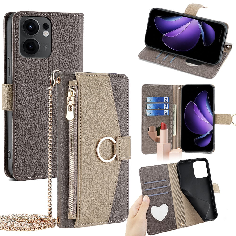 For Oppo Reno13 F 5G / Reno13 F 4G Case Mirror Wallet Leather Phone Cover with Chain Shoulder Strap - Grey