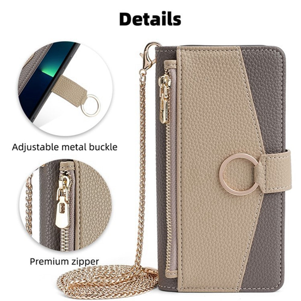 For Oppo Reno13 F 5G / Reno13 F 4G Case Mirror Wallet Leather Phone Cover with Chain Shoulder Strap - Grey