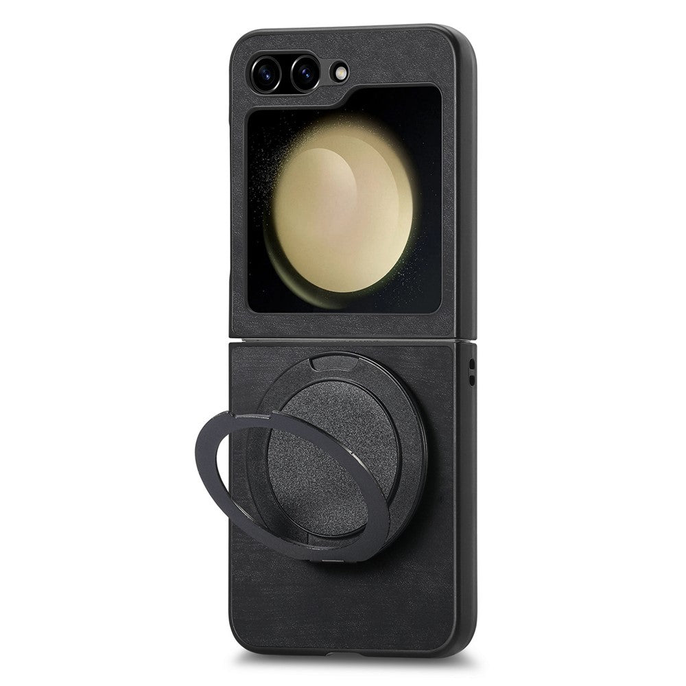 For Samsung Galaxy Z Flip7 FE 5G / Z Flip6 5G Phone Case with Rotating Kickstand Stress Relief Retro Leather Back Cover - Black