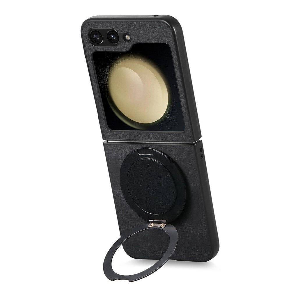 For Samsung Galaxy Z Flip7 FE 5G / Z Flip6 5G Phone Case with Rotating Kickstand Stress Relief Retro Leather Back Cover - Black