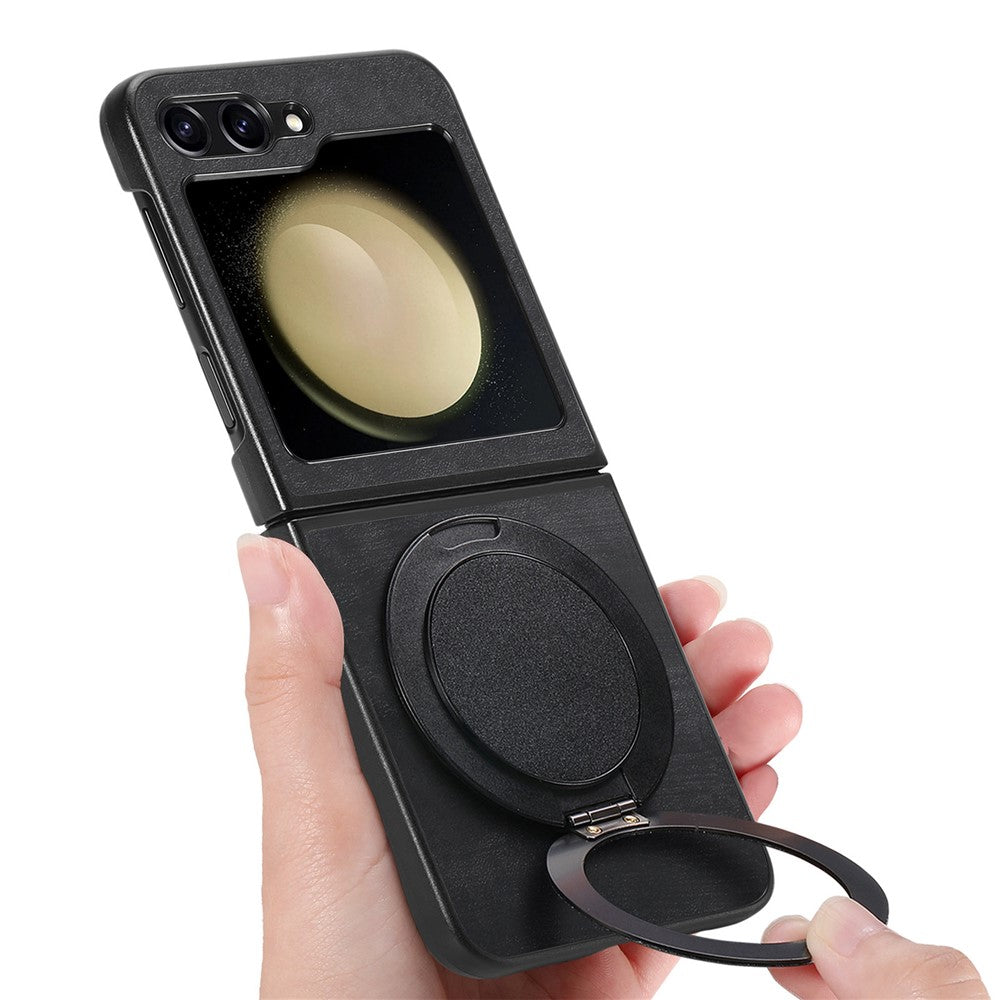 For Samsung Galaxy Z Flip7 FE 5G / Z Flip6 5G Phone Case with Rotating Kickstand Stress Relief Retro Leather Back Cover - Black