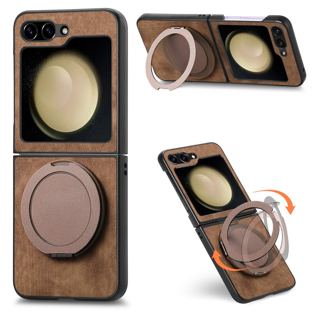 For Samsung Galaxy Z Flip7 FE 5G / Z Flip6 5G Phone Case with Rotating Kickstand Stress Relief Retro Leather Back Cover - Brown