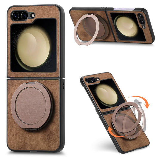 For Samsung Galaxy Z Flip7 FE 5G / Z Flip6 5G Phone Case with Rotating Kickstand Stress Relief Retro Leather Back Cover - Brown