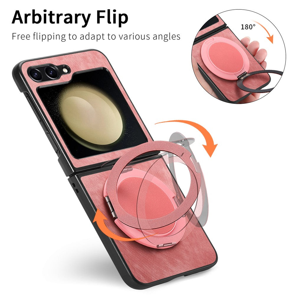 For Samsung Galaxy Z Flip7 FE 5G / Z Flip6 5G Phone Case with Rotating Kickstand Stress Relief Retro Leather Back Cover - Pink