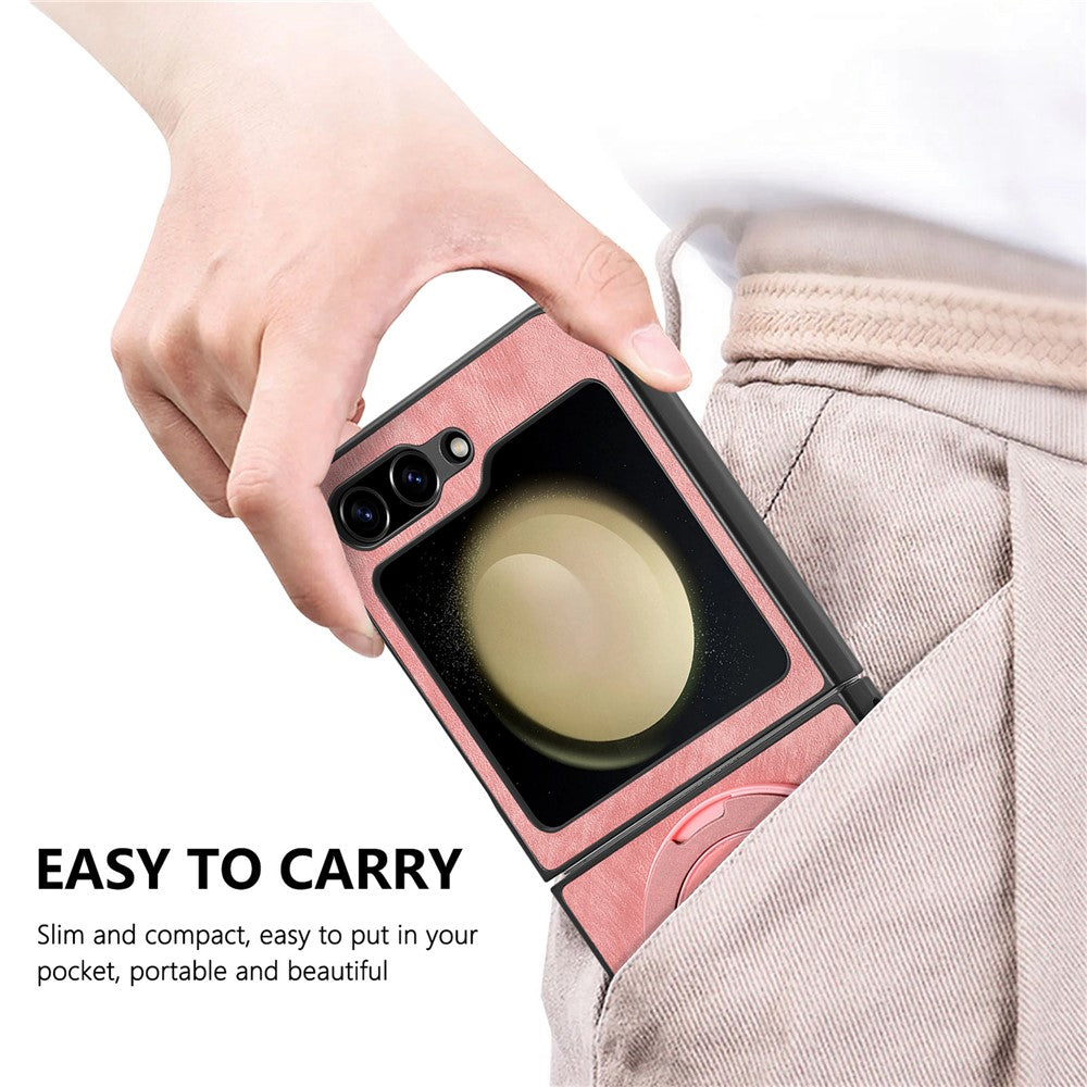For Samsung Galaxy Z Flip7 FE 5G / Z Flip6 5G Phone Case with Rotating Kickstand Stress Relief Retro Leather Back Cover - Pink