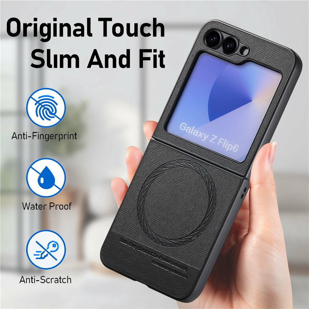 For Samsung Galaxy Z Flip7 FE 5G / Z Flip6 5G Case Compatible with MagSafe Denim Texture Leather Back Cover - Black