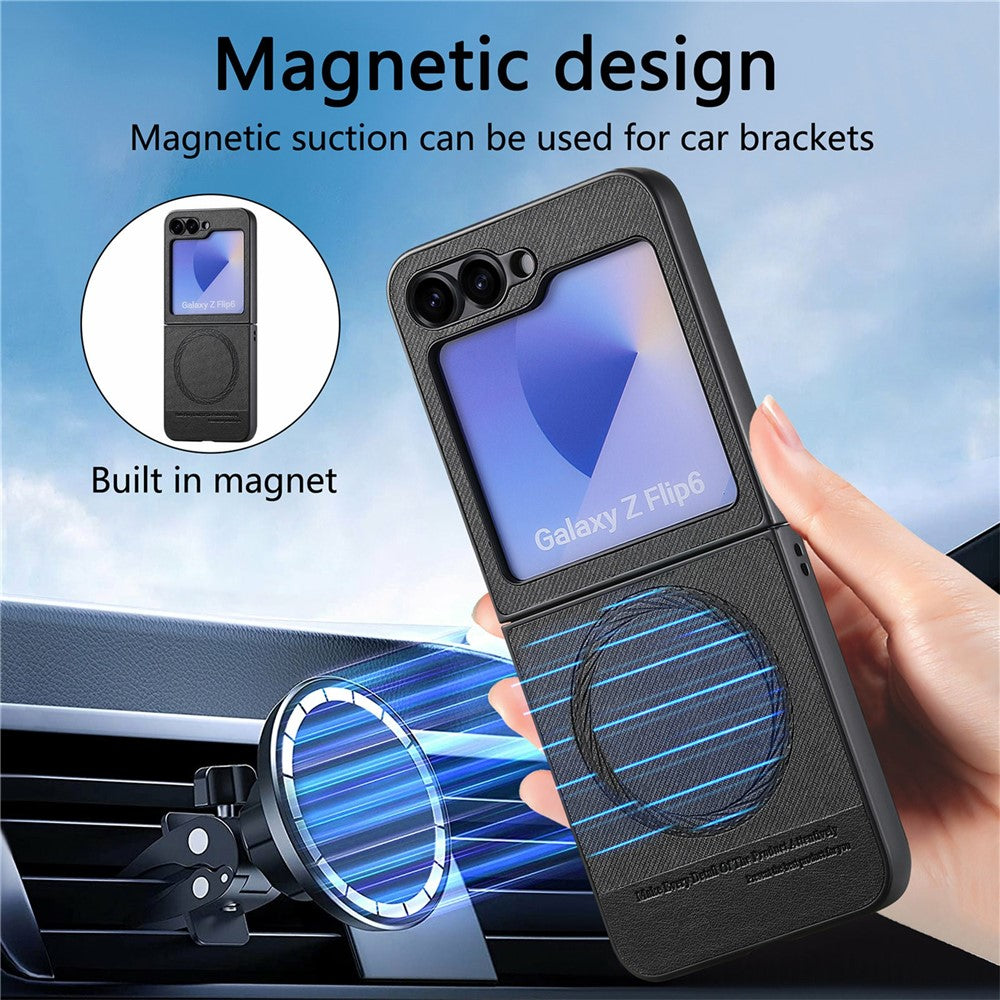 For Samsung Galaxy Z Flip7 FE 5G / Z Flip6 5G Case Compatible with MagSafe Denim Texture Leather Back Cover - Black