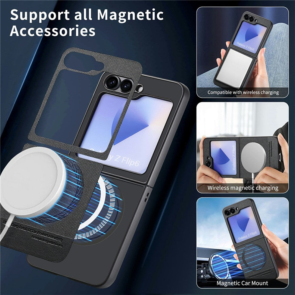 For Samsung Galaxy Z Flip7 FE 5G / Z Flip6 5G Case Compatible with MagSafe Denim Texture Leather Back Cover - Black