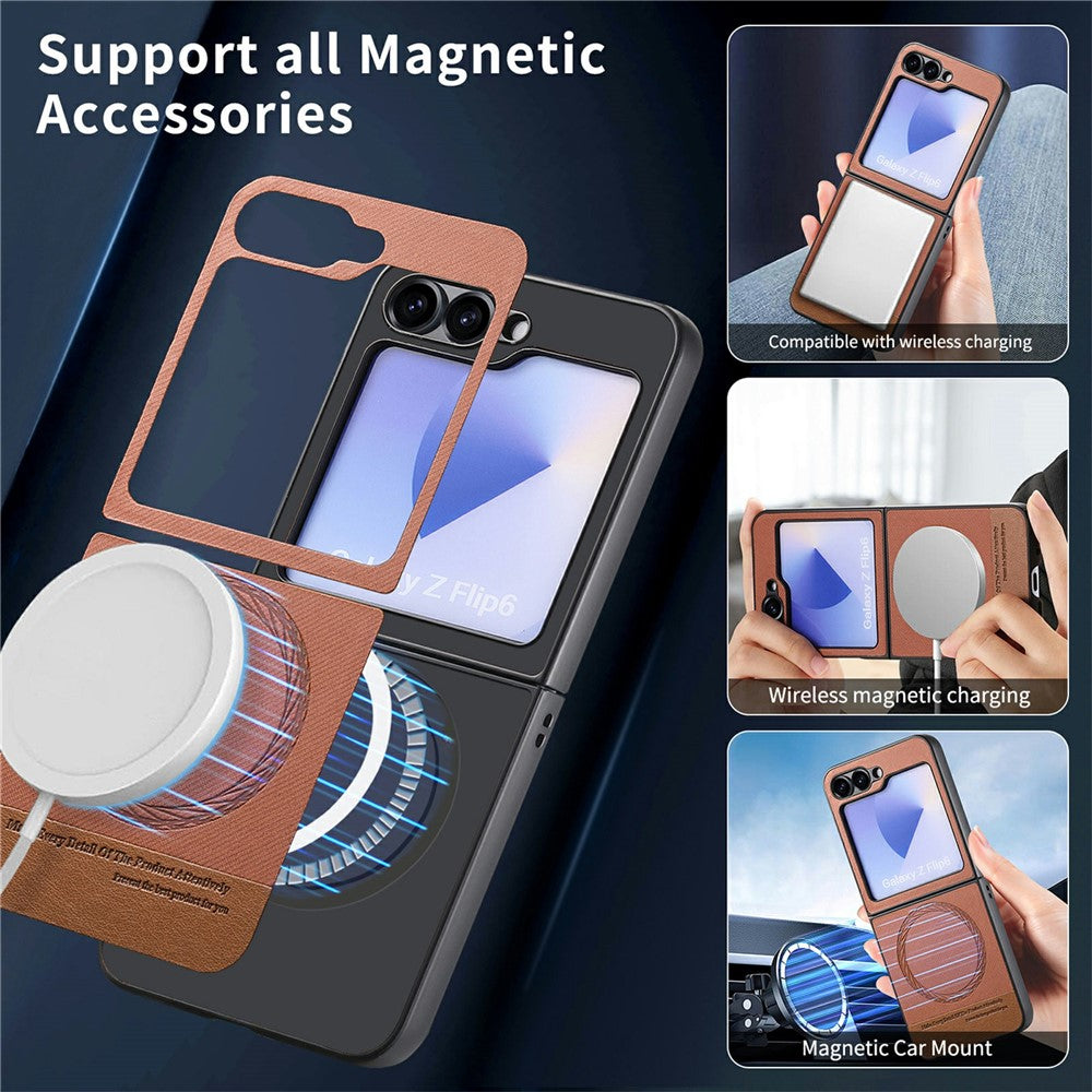 For Samsung Galaxy Z Flip7 FE 5G / Z Flip6 5G Case Compatible with MagSafe Denim Texture Leather Back Cover - Brown