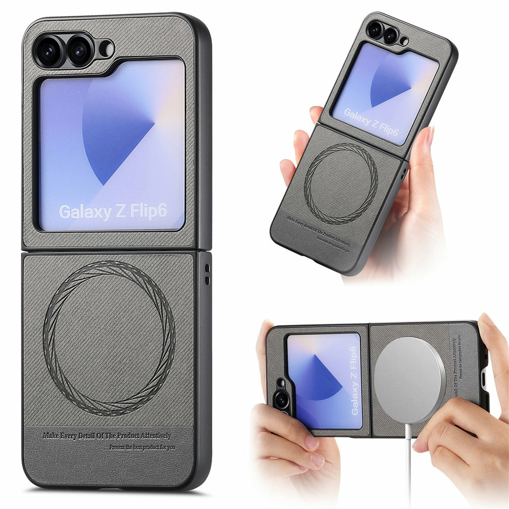For Samsung Galaxy Z Flip7 FE 5G / Z Flip6 5G Case Compatible with MagSafe Denim Texture Leather Back Cover - Grey
