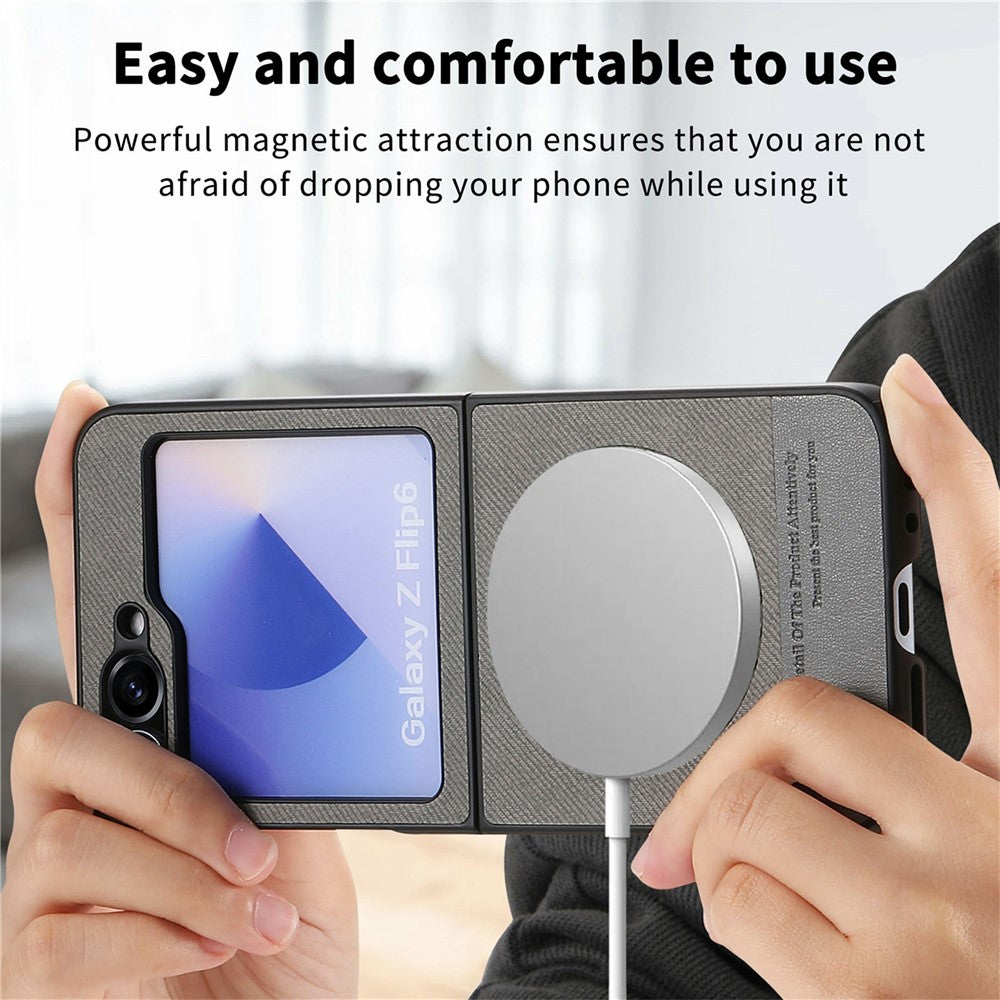 For Samsung Galaxy Z Flip7 FE 5G / Z Flip6 5G Case Compatible with MagSafe Denim Texture Leather Back Cover - Grey