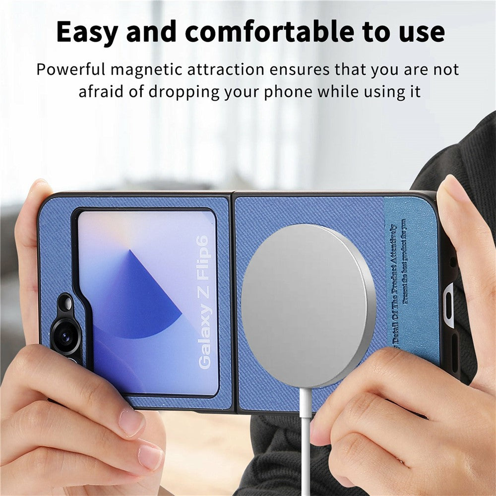 For Samsung Galaxy Z Flip7 FE 5G / Z Flip6 5G Case Compatible with MagSafe Denim Texture Leather Back Cover - Blue